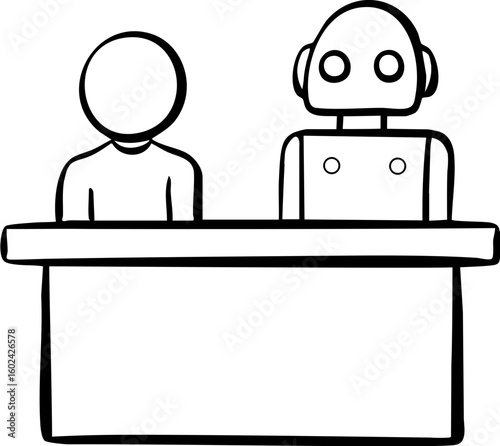 Human and robot working together at desk vector illustration simple line drawing
