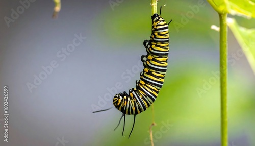 Monarch caterpillar hanging upside down