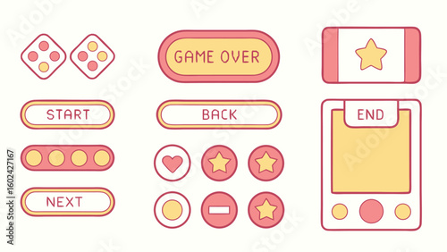 Retro video game ui elements in pink and yellow user interface