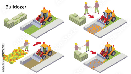Isometric illustration showing a bulldozer moving materials in construction phases of project one hundred