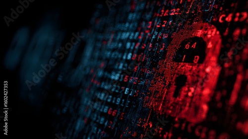 Red and blue digital code with a prominent red padlock symbol representing data security and encryption