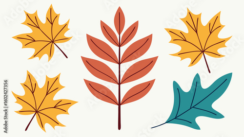 Stylized autumn leaves in yellow orange and teal fall