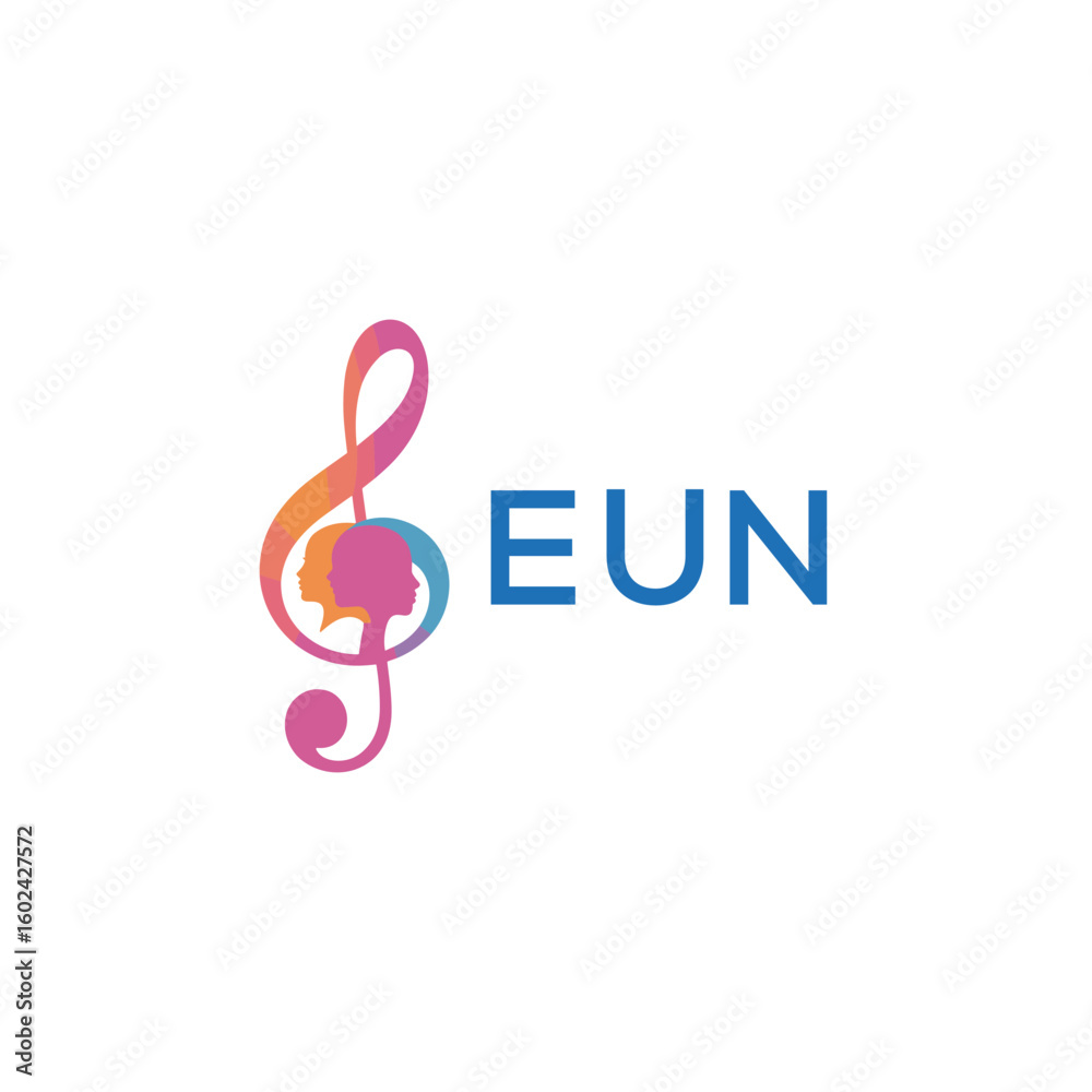 Fototapeta premium EUN “Creative music logo with human silhouettes and treble clef in gradient colors, EUN Later Logo, modern artistic design isolated on white background” 