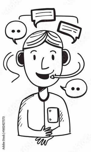 Customer support representative with headset answering chat messages, minimal line art symbol of online service helpdesk communication.

