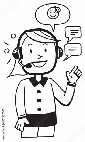 Customer support representative with headset answering chat messages, minimal line art symbol of online service helpdesk communication.

