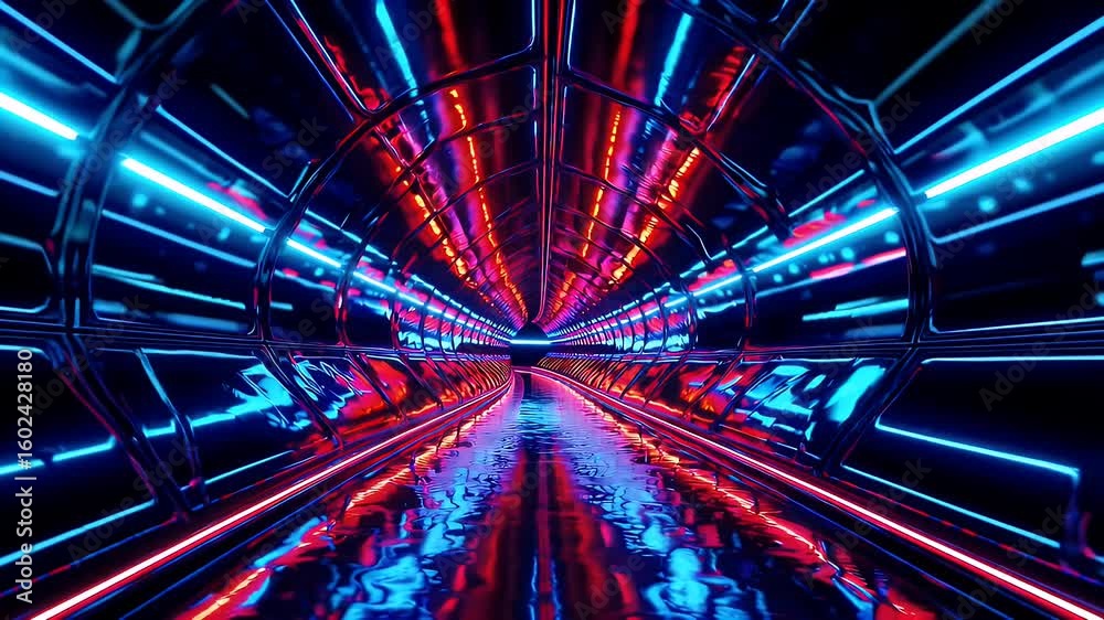 stunning 4K animation sci fi tunnel alternating red blue neon lights reflecting off glossy surface offering surreal journey effect ideal music videos tech visuals digital