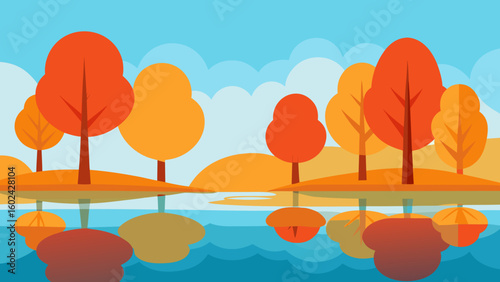 Autumn trees lake reflection sunny day