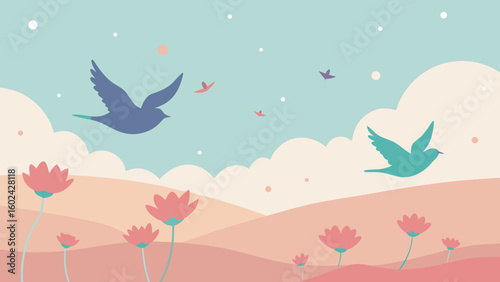 Birds flying pastel cosmos field dreamy