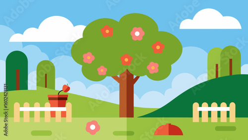 Blooming apple trees picnic setup background