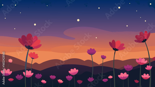 Cosmos flower field twilight warm nostalgia