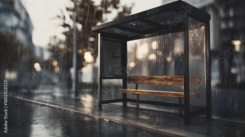 A bus stop with a wooden bench sits in the rain with city lights blurred in the background scene outdoors