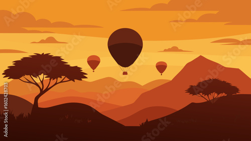 hot air balloons sunset sky savanna plain