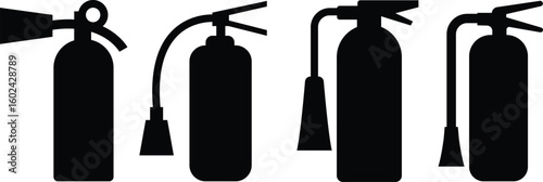 Fire extinguisher icon set in black flat style, includes safety, emergency, protection symbol and tool, fire control equipment and firefighting vectors illustration isolated on transparent background.