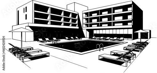 Sunbeds by the pool of modern 
