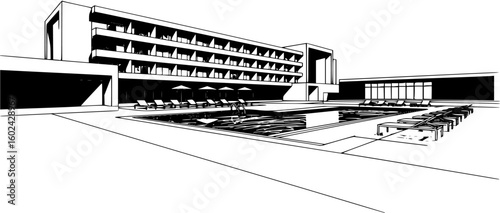 Sunbeds by the pool of modern 
