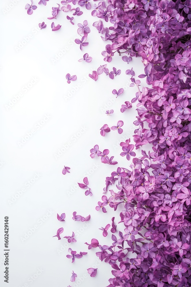 Fototapeta premium Delicate Lilac Floral Border with Scattered Petals, Soft Violet Hues and Elegant Watercolor Design
