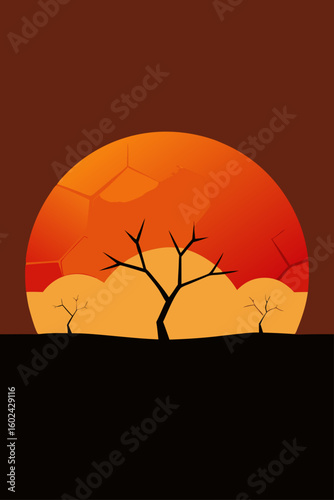 sunset cracked dry ground trees distance