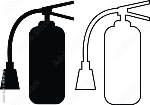 Fire extinguisher icon set in black flat and line style, includes safety, emergency, protection symbol and tool, fire control equipment and firefighting vectors illustration on transparent background.