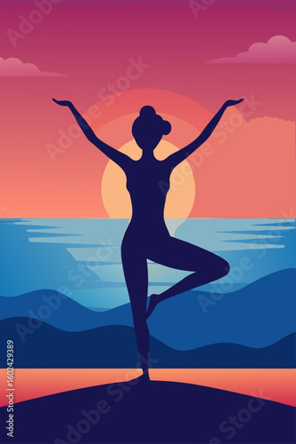 Woman practicing yoga beach sunset silhouette