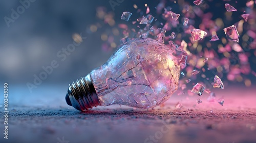 A shattered lightbulb with glass fragments floating in the air on a textured surface illuminated by pink light