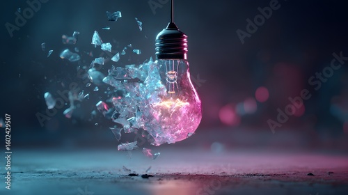 A shattered lightbulb with glowing filament suspended in air against a dark background