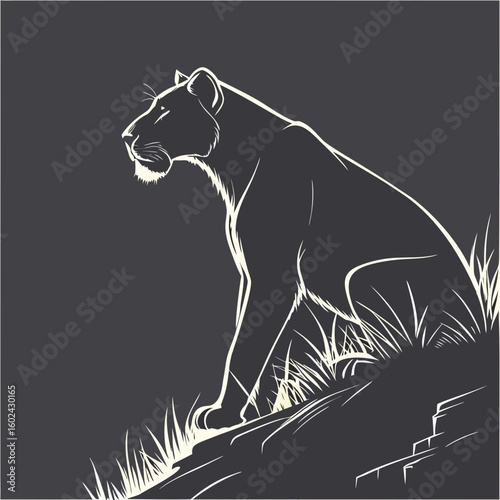 lion on a black background,A regal lioness sits watchfully on a grassy hill