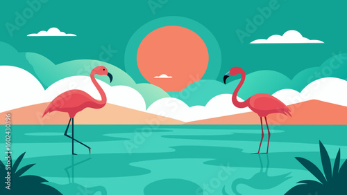 flamingo lagoon sunset tropical
