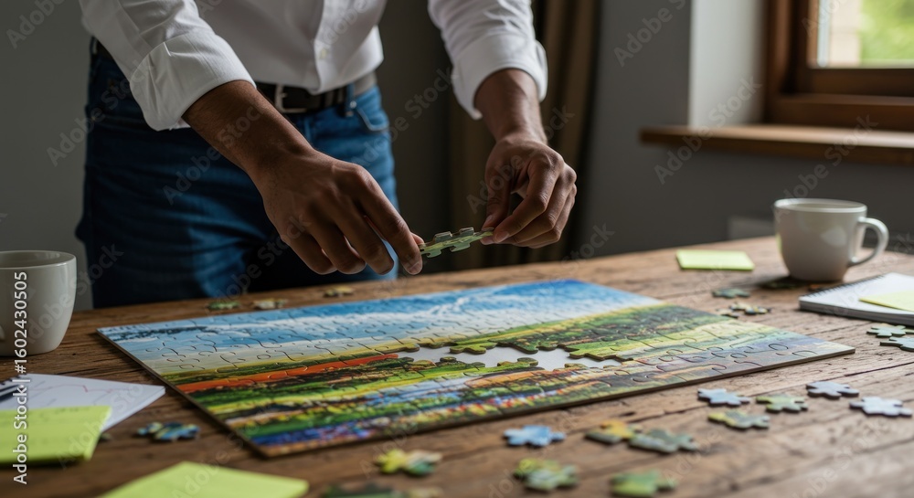 A person in a white shirt and jeans works on a colorful landscape jigsaw puzzle on a wooden table with coffee mugs and sticky notes A person in a white shirt and jeans works on a colorful landscape jigsaw puzzle on a wooden table with coffee mugs and sticky notes