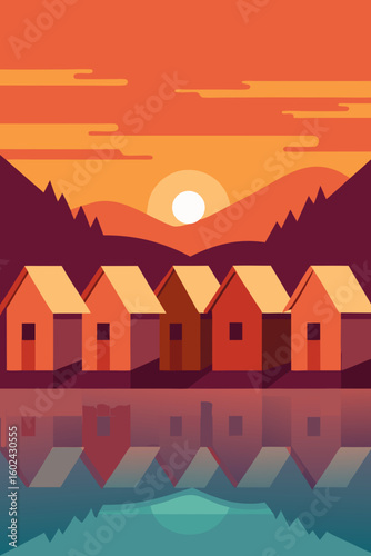 huts riverbank sunset reflection
