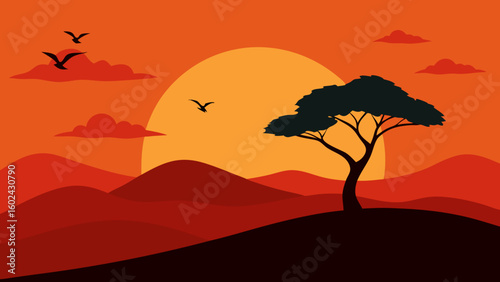 Tree Hillside Sunset Flying Birds