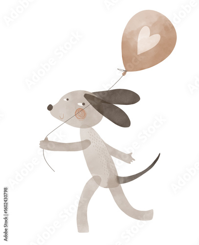 Hand Drawn Vector Illustration Of Gray Dog with Balloon On A White Background. Cute Graphic Ideal For Baby Boy Or Baby Girl. Nursery Art. Valentine's Day Card With Dog Holding Balloon With Heart.