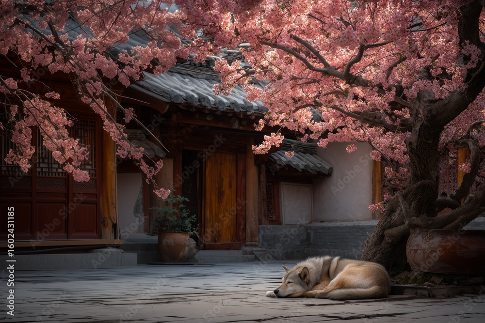 Fototapeta premium A peaceful dog sleeps under cherry blossoms in a quiet Zen garden