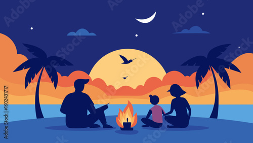 family sitting campfire beach glowing