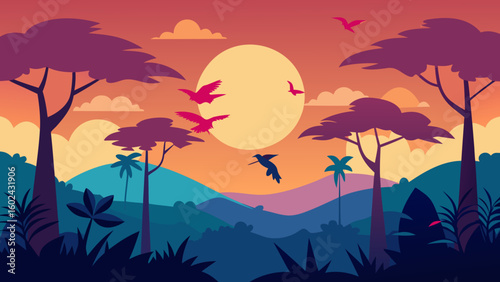rainforest clearing sunset birds colorful