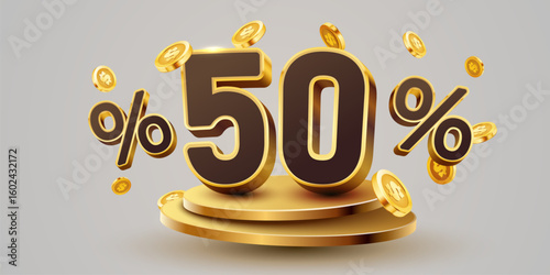 50 percent with podium. Sale, discount or bonus concept. Vector illustration