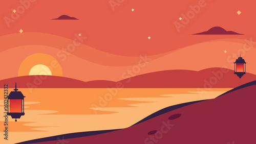 calm beach lanterns sunset sky warm tone