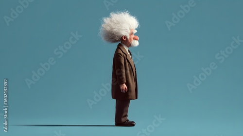 Cartoonish professor standing in profile with a large white afro and a brown suit on a blue background