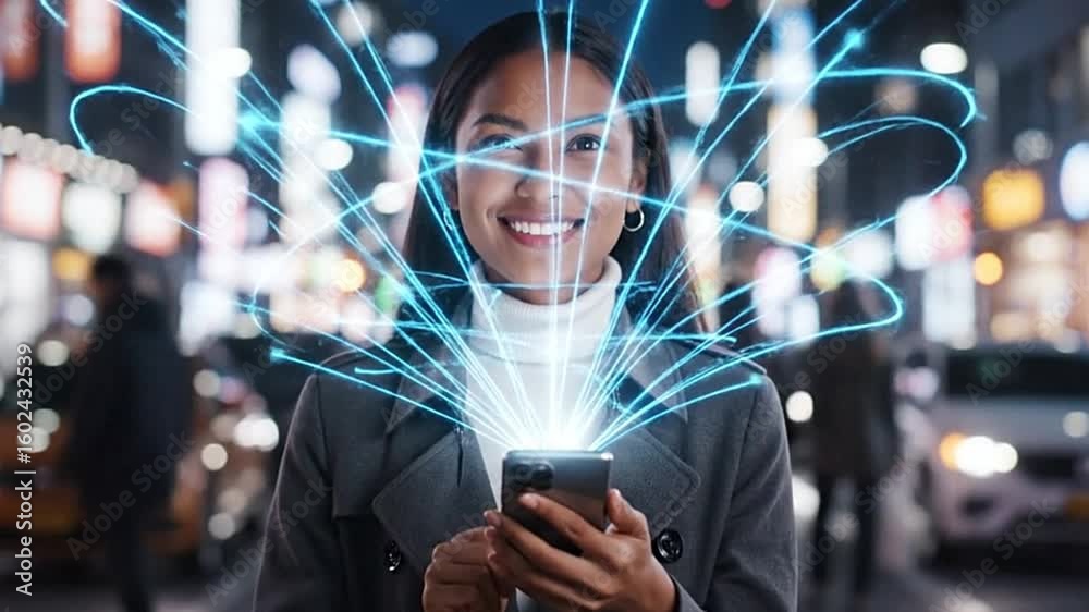 Smiling woman holds phone emitting blue light beams in a bustling city street at night