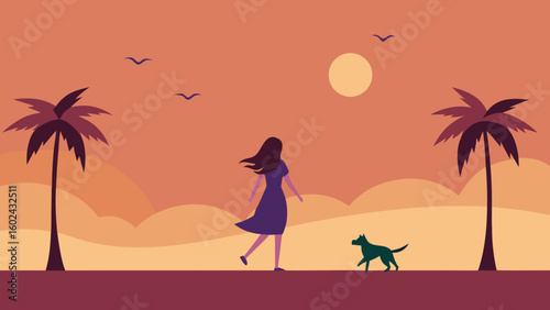 girl walking dog beach dusk palm trees