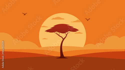 lone tree flat savanna plain glowing sun