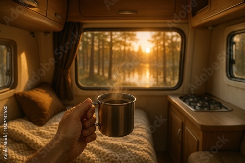 cozy camper morning with hot coffee, sunrise in nature, van life adventure, peaceful forest getaway