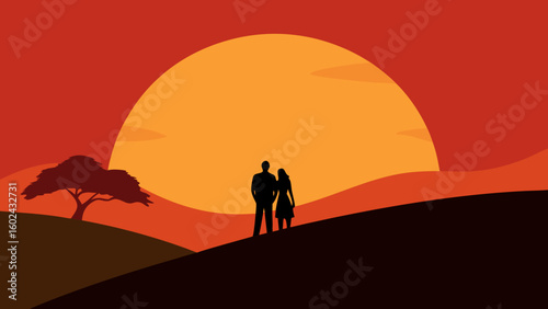 silhouette couple hill watching sunset
