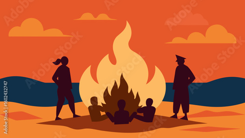 stylized bonfire beach friends silhouette