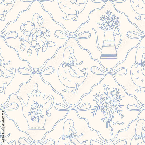 Hand drawn cottage core seamless lattice pattern with a charming whimsical coquette design. Soft blue, pastel, and nostalgic trellis print. Perfect for textiles and romantic vintage-inspired decor.