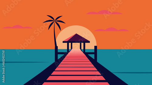 stylized pier ocean orange pink sky