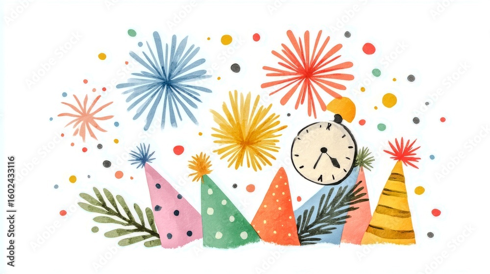 Obraz premium A colorful drawing of a party with a clock in the middle. The clock is set at 12:00