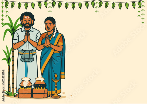 Traditional Pongal Celebration with Indian Couple – Vector Illustration