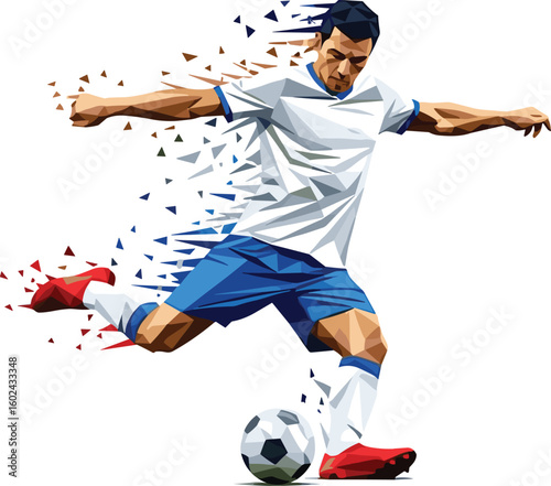 Cad drawing flat vector illustration, polygonal soccer player kicking ball, fragmented motion pose, athletic action energy, geometric sports icon design