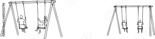 Minimalist Ink Art Depicting a Swingset and Swinging Figures with Clean Lines on Pastel Paper, Set Against a Dreamy Cloud Background, Perfect for Soft and Artistic Design Projects