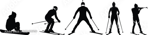 Cad drawing flat vector illustration, winter sports silhouettes, ski and snowboard athletes, biathlon posture, cold weather action, outdoor recreation icon
